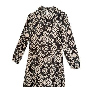 100% Cotton Black & Tan Southwest Patterned Long Sleeve Maxi Dress Size Small
